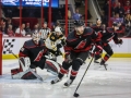 May 14, 2019: Carolina Hurricanes defenseman Brett Pesce (22) tries to clear the punk from his zone during game 3 of the NHL Eastern Conference Championship series between the Boston Bruins and the Carolina Hurricanes held at PNC Arena in Raleigh, NC. Boston defeats Carolina 2-1. Jonathan Huff/CSM