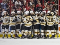 May 16, 2019: The Boston Bruins celebrate winning the NHL Eastern Conference Championship series between the against the Carolina Hurricanes held at PNC Arena in Raleigh, NC. Boston defeats Carolina 4-0. Jonathan Huff/CSM