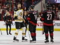 May 16, 2019: Boston Bruins defenseman Zdeno Chara (33) and Carolina Hurricanes right wing Justin Williams (14) shake hands after game 4 of the NHL Eastern Conference Championship series between the Boston Bruins and the Carolina Hurricanes held at PNC Arena in Raleigh, NC. Boston defeats Carolina 4-0. Jonathan Huff/CSM