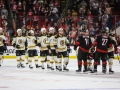 May 16, 2019: The Boston Bruins and Carolina Hurricanes meet at center ice to shake hands after game 4 of the NHL Eastern Conference Championship series between the Boston Bruins and the Carolina Hurricanes held at PNC Arena in Raleigh, NC. Boston defeats Carolina 4-0. Jonathan Huff/CSM