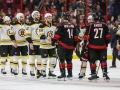 May 16, 2019: The Boston Bruins and Carolina Hurricanes meet at center ice to shake hands after game 4 of the NHL Eastern Conference Championship series between the Boston Bruins and the Carolina Hurricanes held at PNC Arena in Raleigh, NC. Boston defeats Carolina 4-0. Jonathan Huff/CSM