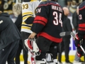 May 16, 2019: Boston Bruins defenseman Zdeno Chara (33) and Carolina Hurricanes goaltender Petr Mrazek (34) shake hands after game 4 of the NHL Eastern Conference Championship series between the Boston Bruins and the Carolina Hurricanes held at PNC Arena in Raleigh, NC. Boston defeats Carolina 4-0. Jonathan Huff/CSM