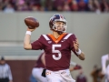 November 3, 2018: Virginia Tech Hokies quarterback Ryan Willis (5) looks for a receiver down the field during NCAA football action between the Boston College Eagles and the Virginia Tech Hokies at Lane Stadium in Blacksburg, VA. Jonathan Huff/CSM