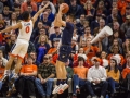 December  29, 2019: Navy Midshipmen guard Sean Yoder (3) shoots over Virginia Cavaliers guard Kihei Clark (0) during NCAA basketball action between the Navy Midshipmen and the Virginia Cavaliers at John Paul Jones Arena Charlottesville, VA. Jonathan Huff/CSM