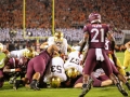 October 6, 2018: Notre Dame Fighting Irish quarterback Ian Book (12) dives over the Notre Dame offensive-line for a first down during NCAA football action between the Notre Dame Fighting Irish and the Virginia Tech Hokies at Lane Stadium in Blacksburg, VA. Jonathan Huff/CSM