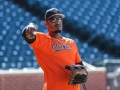 June 15, 2018: Baltimore Orioles center fielder Adam Jones (10) warms up before the start of MLB action between the Miami Marlins and the Baltimore Orioles at Camden Yards in Baltimore, MD. Jonathan Huff/CSM