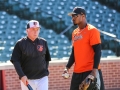 June 15, 2018: Baltimore Orioles center fielder Adam Jones (10) and manager Buck Showalter talk before the start of MLB action between the Miami Marlins and the Baltimore Orioles at Camden Yards in Baltimore, MD. Jonathan Huff/CSM
