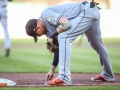 June 15, 2018: Miami Marlins shortstop Miguel Rojas (19) writes in the dirt before the start of the inning during MLB action between the Miami Marlins and the Baltimore Orioles at Camden Yards in Baltimore, MD. Jonathan Huff/CSM
