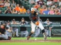 June 15, 2018: Baltimore Orioles center fielder Adam Jones (10) hits into a ground out during MLB action between the Miami Marlins and the Baltimore Orioles at Camden Yards in Baltimore, MD. Jonathan Huff/CSM