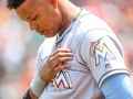 June 17, 2018: Miami Marlins second baseman Starlin Castro (13) stands for the National Anthem before the start of MLB action between the Miami Marlins and the Baltimore Orioles at Camden Yards in Baltimore, MD. Orioles defeat the Marlins 10 - 4. Jonathan Huff/CSM