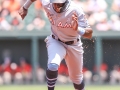 June 17, 2018: Miami Marlins left fielder Cameron Maybin (1) steals third base during MLB action between the Miami Marlins and the Baltimore Orioles at Camden Yards in Baltimore, MD. Orioles defeat the Marlins 10 - 4. Jonathan Huff/CSM