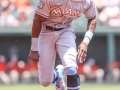 June 17, 2018: Miami Marlins left fielder Cameron Maybin (1) steals third base during MLB action between the Miami Marlins and the Baltimore Orioles at Camden Yards in Baltimore, MD. Orioles defeat the Marlins 10 - 4. Jonathan Huff/CSM
