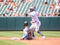 June 17, 2018: Baltimore Orioles second baseman Jonathan Schoop (6) makes the first half of an attempted double play during MLB action between the Miami Marlins and the Baltimore Orioles at Camden Yards in Baltimore, MD. Orioles defeat the Marlins 10 - 4.  Jonathan Huff/CSM
