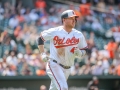 June 17, 2018: Baltimore Orioles designated hitter Mark Trumbo (45) watches his home run clear the right field wall during MLB action between the Miami Marlins and the Baltimore Orioles at Camden Yards in Baltimore, MD. Orioles defeat the Marlins 10 - 4.  Jonathan Huff/CSM