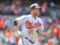 June 17, 2018: Baltimore Orioles designated hitter Mark Trumbo (45) watches his home run clear the right field wall during MLB action between the Miami Marlins and the Baltimore Orioles at Camden Yards in Baltimore, MD. Orioles defeat the Marlins 10 - 4. Jonathan Huff/CSM