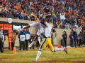 November 23, 2019: Virginia Tech Hokies wide receiver Tre Turner (11) catches a late second quarter touchdown during NCAA football action between the Pitt Panthers and the Virginia Tech Hokies at Lane Stadium in Blacksburg, VA. Jonathan Huff/CSM