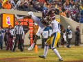 November 23, 2019: Virginia Tech Hokies wide receiver Tre Turner (11) catches a late second quarter touchdown during NCAA football action between the Pitt Panthers and the Virginia Tech Hokies at Lane Stadium in Blacksburg, VA. Jonathan Huff/CSM