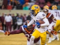 November 23, 2019: Pittsburgh Panthers wide receiver Shocky Jacques-Louis (18) tries to break free of Virginia Tech defenders during NCAA football action between the Pitt Panthers and the Virginia Tech Hokies at Lane Stadium in Blacksburg, VA. Jonathan Huff/CSM