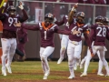 November 23, 2019: The Virginia Tech Hokies defensive celebrates a defensive touchdown during NCAA football action between the Pitt Panthers and the Virginia Tech Hokies at Lane Stadium in Blacksburg, VA. Jonathan Huff/CSM