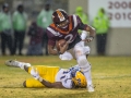 November 23, 2019: Virginia Tech Hokies quarterback Hendon Hooker (2) is sacked by Pittsburgh Panthers defensive lineman Patrick Jones II (91) during NCAA football action between the Pitt Panthers and the Virginia Tech Hokies at Lane Stadium in Blacksburg, VA. Jonathan Huff/CSM