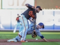 July 12, 2019: Baltimore Orioles second baseman Hanser Alberto (57) attempts to tag Tampa Bay Rays second baseman Joey Wendle (18) out at second base during MLB action between the Tampa Bay Rays and the Baltimore Orioles at Camden Yards in Baltimore, MD. Jonathan Huff/CSM