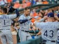July 12, 2019: Tampa Bay Rays first baseman Nate Lowe (35) celebrates his home run with his teammates during MLB action between the Tampa Bay Rays and the Baltimore Orioles at Camden Yards in Baltimore, MD. Jonathan Huff/CSM