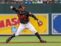 July 12, 2019: Baltimore Orioles second baseman Jonathan Villar (2) throws a runner out at first during MLB action between the Tampa Bay Rays and the Baltimore Orioles at Camden Yards in Baltimore, MD. Jonathan Huff/CSM