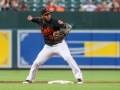 July 12, 2019: Baltimore Orioles second baseman Hanser Alberto (57) throws to first making the first out of a double play during MLB action between the Tampa Bay Rays and the Baltimore Orioles at Camden Yards in Baltimore, MD. Jonathan Huff/CSM