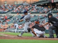 July 12, 2019: Tampa Bay Rays first baseman Nate Lowe (35) drives a ball into the outfield during MLB action between the Tampa Bay Rays and the Baltimore Orioles at Camden Yards in Baltimore, MD. Jonathan Huff/CSM