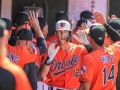 July 13, 2019: Baltimore Orioles center fielder Stevie Wilkerson (12) is welcomed back to the dugout after hitting a two run home run during the first game of a double header between the Tampa Bay Rays and the Baltimore Orioles at Camden Yards in Baltimore, MD. Orioles defeat the Rays 2-1. Jonathan Huff/CSM
