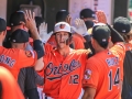 July 13, 2019: Baltimore Orioles center fielder Stevie Wilkerson (12) is welcomed back to the dugout after hitting a two run home run during the first game of a double header between the Tampa Bay Rays and the Baltimore Orioles at Camden Yards in Baltimore, MD. Orioles defeat the Rays 2-1. Jonathan Huff/CSM