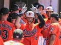 July 13, 2019: Baltimore Orioles center fielder Stevie Wilkerson (12) is welcomed back to the dugout after hitting a two run home run during the first game of a double header between the Tampa Bay Rays and the Baltimore Orioles at Camden Yards in Baltimore, MD. Orioles defeat the Rays 2-1. Jonathan Huff/CSM