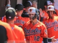 July 13, 2019: Baltimore Orioles center fielder Stevie Wilkerson (12) is welcomed back to the dugout after hitting a two run home run during the first game of a double header between the Tampa Bay Rays and the Baltimore Orioles at Camden Yards in Baltimore, MD. Orioles defeat the Rays 2-1. Jonathan Huff/CSM