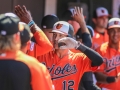 July 13, 2019: Baltimore Orioles center fielder Stevie Wilkerson (12) is welcomed back to the dugout after hitting a two run home run during the first game of a double header between the Tampa Bay Rays and the Baltimore Orioles at Camden Yards in Baltimore, MD. Orioles defeat the Rays 2-1. Jonathan Huff/CSM