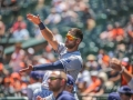 July 13, 2019: Tampa Bay Rays center fielder Kevin Kiermaier (39) celebrates Rays catcher Mike Zunino (10) solo home run during the first game of a double header between the Tampa Bay Rays and the Baltimore Orioles at Camden Yards in Baltimore, MD. Jonathan Huff/CSM
