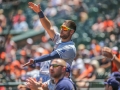July 13, 2019: Tampa Bay Rays center fielder Kevin Kiermaier (39) celebrates Rays catcher Mike Zunino (10) solo home run during the first game of a double header between the Tampa Bay Rays and the Baltimore Orioles at Camden Yards in Baltimore, MD. Jonathan Huff/CSM