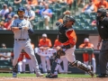 July 13, 2019: Baltimore Orioles catcher Pedro Severino (28) attempts to throw a runner out at second during the first game of a double header between the Tampa Bay Rays and the Baltimore Orioles at Camden Yards in Baltimore, MD. Jonathan Huff/CSM