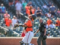 July 13, 2019: Baltimore Orioles catcher Pedro Severino (28) gets in position to catch the final out of the game during the first game of a double header between the Tampa Bay Rays and the Baltimore Orioles at Camden Yards in Baltimore, MD. Orioles defeat the Rays 2-1. Jonathan Huff/CSM