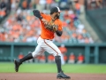 July 13, 2019: Baltimore Orioles second baseman Jonathan Villar (2) throws a runner out at first during the second game of a double header between the Tampa Bay Rays and the Baltimore Orioles at Camden Yards in Baltimore, MD. Jonathan Huff/CSM