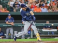 July 13, 2019: Tampa Bay Rays catcher Travis d'Arnaud (37) hits a double during the second game of a double header between the Tampa Bay Rays and the Baltimore Orioles at Camden Yards in Baltimore, MD. Jonathan Huff/CSM