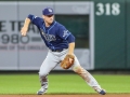 July 13, 2019: Tampa Bay Rays second baseman Joey Wendle (18) throws a runner out at first during the second game of a double header between the Tampa Bay Rays and the Baltimore Orioles at Camden Yards in Baltimore, MD. Jonathan Huff/CSM