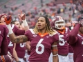 December 1, 2018: Virginia Tech Hokies wide receiver Hezekiah Grimsley (6) celebrates with his teammates and marching band after the Virginia Tech Hokies win over the Marshall Thundering Herd at Lane Stadium in Blacksburg, VA. Jonathan Huff/CSM
