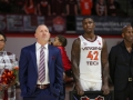 March 8, 2019: Virginia Tech Hokies head coach Buzz Williams and guard Ty Outlaw (42) watch the senior tribute before NCAA basketball action between the Miami (Fl) Hurricanes and the Virginia Tech Hokies at Cassell Coliseum Blacksburg, VA. Jonathan Huff/CSM