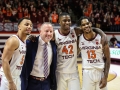 March 8, 2019: Virginia Tech Hokies head coach Buzz Williams joins seniors Justin Robinson (5),  Ty Outlaw (42), and  Ahmed Hill (13) for a photo before NCAA basketball action between the Miami (Fl) Hurricanes and the Virginia Tech Hokies at Cassell Coliseum Blacksburg, VA. Jonathan Huff/CSM