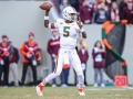 November 17, 2018: Miami Hurricanes quarterback N'Kosi Perry (5) looks for a receiver downfield during NCAA football action between the Miami Hurricanes and the Virginia Tech Hokies at Lane Stadium in Blacksburg, VA. Jonathan Huff/CSM