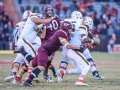 November 17, 2018: Virginia Tech Hokies linebacker Dax Hollifield (4) sacks Miami Hurricanes quarterback N'Kosi Perry (5) during NCAA football action between the Miami Hurricanes and the Virginia Tech Hokies at Lane Stadium in Blacksburg, VA. Jonathan Huff/CSM