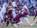 November 17, 2018: Virginia Tech Hokies linebacker Dax Hollifield (4) sacks Miami Hurricanes quarterback N'Kosi Perry (5) during NCAA football action between the Miami Hurricanes and the Virginia Tech Hokies at Lane Stadium in Blacksburg, VA. Jonathan Huff/CSM