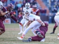 November 17, 2018: Virginia Tech Hokies linebacker Dax Hollifield (4) sacks Miami Hurricanes quarterback N'Kosi Perry (5) during NCAA football action between the Miami Hurricanes and the Virginia Tech Hokies at Lane Stadium in Blacksburg, VA. Jonathan Huff/CSM