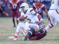 November 17, 2018: Virginia Tech Hokies linebacker Dax Hollifield (4) sacks Miami Hurricanes quarterback N'Kosi Perry (5) during NCAA football action between the Miami Hurricanes and the Virginia Tech Hokies at Lane Stadium in Blacksburg, VA. Jonathan Huff/CSM