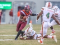 November 17, 2018: Virginia Tech Hokies running back Steven Peoples (25) tries to break free of the Miami defense during NCAA football action between the Miami Hurricanes and the Virginia Tech Hokies at Lane Stadium in Blacksburg, VA. Jonathan Huff/CSM